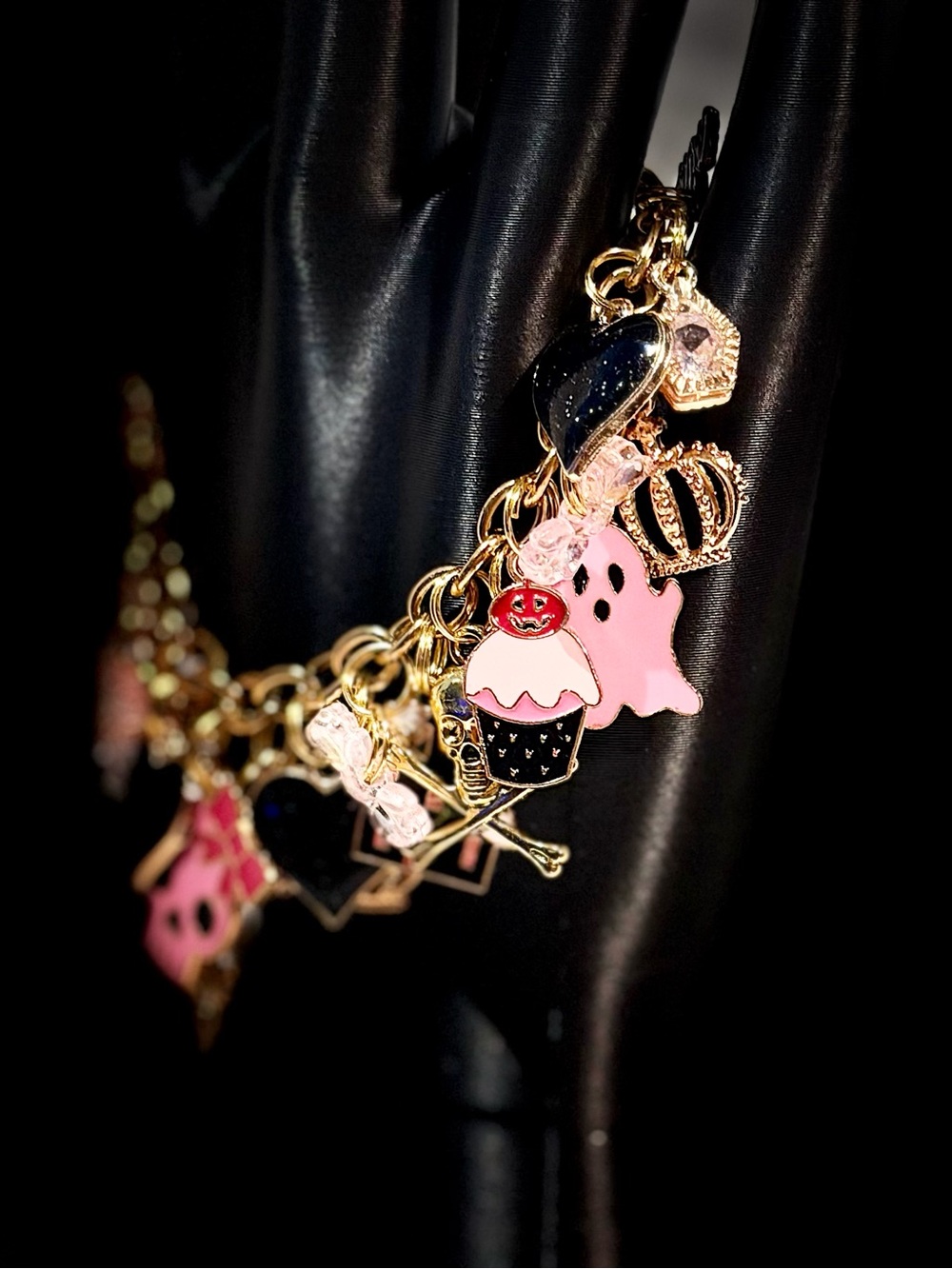 Gold Chain Charm Bracelet with Pink Skull & Black Heart Charms - Picture 4 of 5